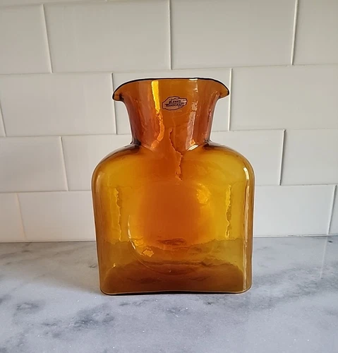 8" BLENKO Double Spout Glass Water Bottle Carafe Amber Golden Wheat VTG Sticker