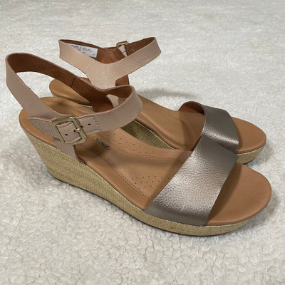 Rockport Lyla Wedge Sandals Beige Taupe Metallic Ankle Strap