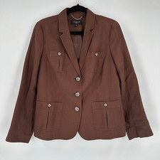 Talbots Women's Linen Blend Three Button Chocolate Brown Blazer Jacket Size 12