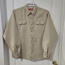 Mens Wrangler Large Long Sleeve Khaki Button Up Shirt Heavy Work Wear Chest 50