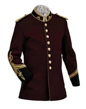 Men's Maroon Wool Military Tunic Jacket Vintage British Officer Style Uniform Co