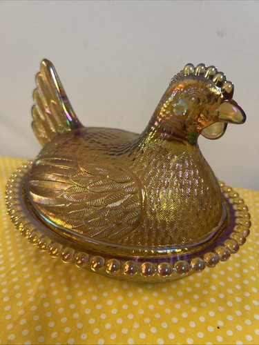 Vintage Indiana Glass Amber Carnival Iridescent Hen On A Nest Candy Dish Chicken - Picture 3 of 15