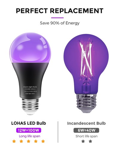 UV Black Light Bulbs, Halloween 12W A19 UV Blacklight, 100 Watt Equivalent, U... - Picture 8 of 8