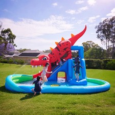 Inflatable Dinosaur Cave Water Slide Bounce House w/ Blower Climb Wall Pool