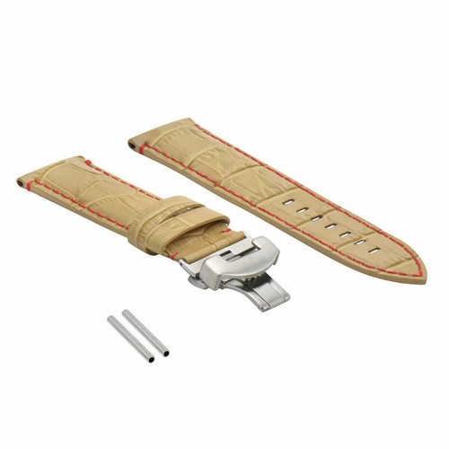 24MM LEATHER BAND STRAP CLASP FOR PAM 44MM PANERAI LUMINOR MARINA BEIGE RED STIT - Picture 4 of 4
