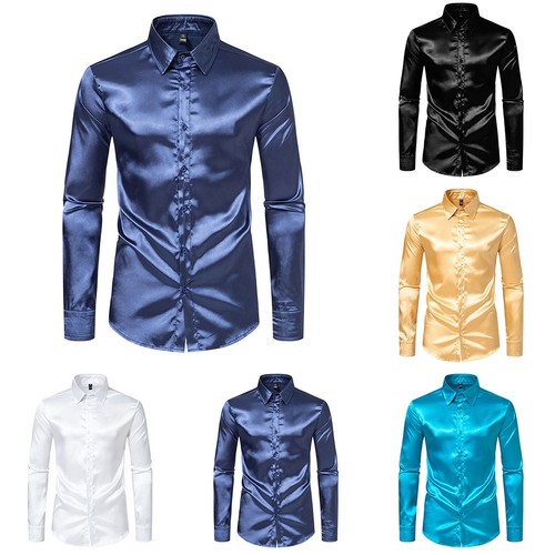 Shirt Cocktail Comfy Dress Shirt Fashion Long Sleeve Satin Silk Shirts - Picture 8 of 49