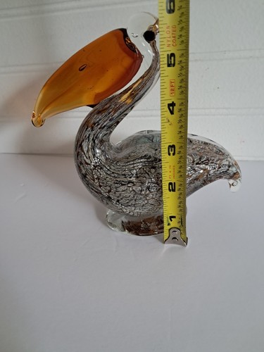 Vintage Hand Blown Art Glass Pelican Bird Figurine 6x6 Metallic Clear Amber - Picture 15 of 22