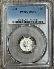 1941 P MERCURY DIME 10c PCGS MS 65, Nice Bright White Coin