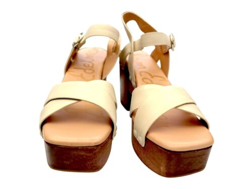 Sam Edelman Women Beige Leather Platform Sandals Wooden Heel Ankle Strap 9 NWOB - Picture 3 of 11