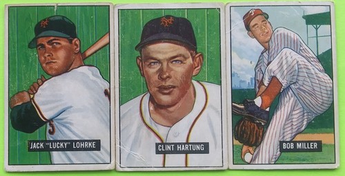 3-Card Lot 1951 Bowman Baseball (Clint Hartung/Jack "Lucky" Lohrke/Bob Miller) - Picture 2 of 4