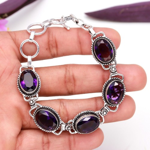 Purple Amethyst Gemstone Handmade 925 Sterling Silver Charm Bracelet 7" - 第 1/5 張圖片