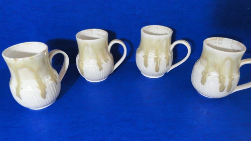 Art Pottery Mugs Set of 4 Ivory, Tan Drip Glaze Signed on Bottom Just Lovely