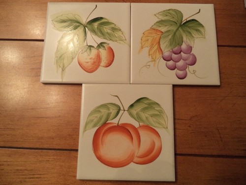 3 Vintage Handpainted 3.75" Tile STRAWBERRY/APPLE/GRAPE Japan ~Almond ~ ACCENT