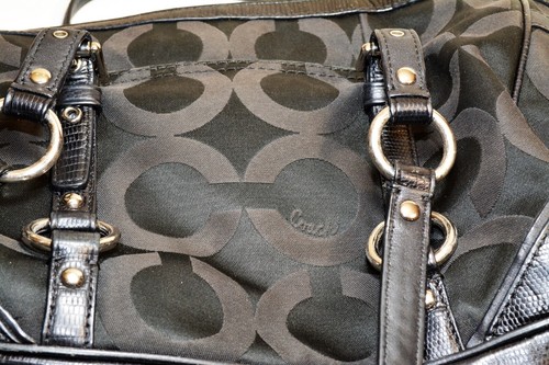 Coach Signature 19404M Gallery Op Art Black Satin & Leather Shoulder Purse Bag - Picture 6 of 7