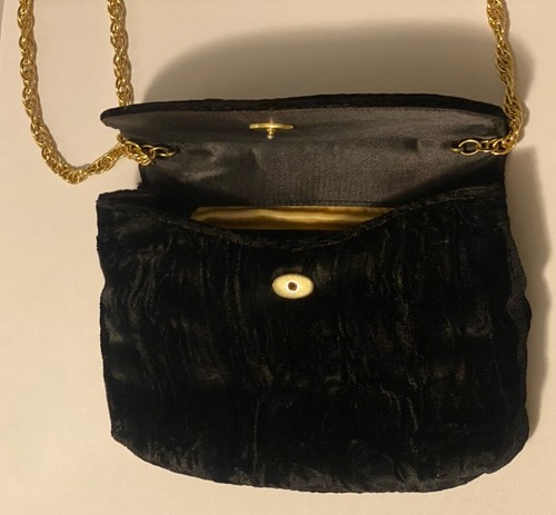 Nuevo de Lote Antiguo Cartera Crown Lewis Años 60 Bolso de Noche Triturado Terciopelo Negro Cadena Satinada - Imagen 4 de 24