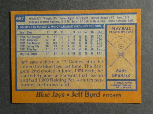 1978 Topps Jeff Byrd RC #667 Blue Jays 001 NM/MT or Better - Bild 2 von 2