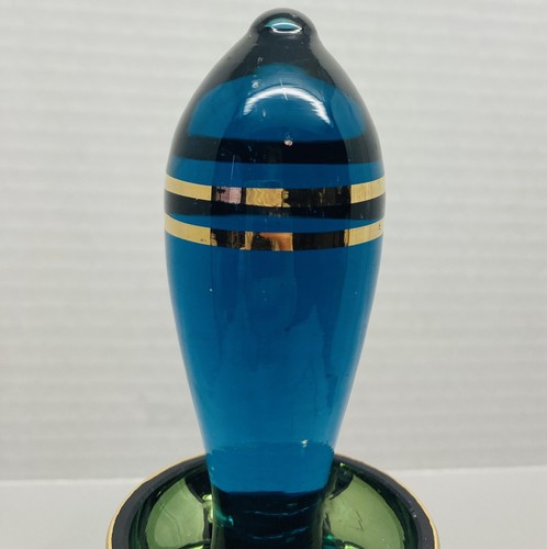 Czech Bohemian Decanter Set w/ 5 Cordial Glasses Aqua Gold Trim Glass (Read) - Picture 8 of 10