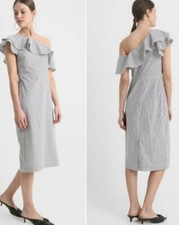 Banana Republic White Gray Seersucker Ruffle One Shoulder Sheath Dress Sz 0