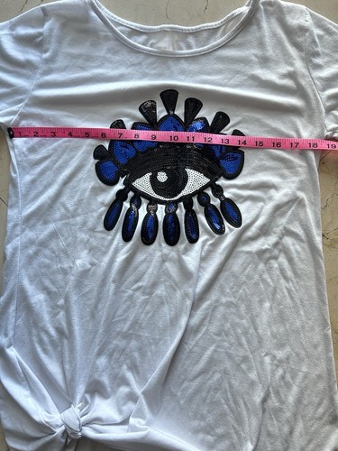 Womens long T Shirt Sequin Eye short Sleeve round neck size M color white - Picture 4 of 7