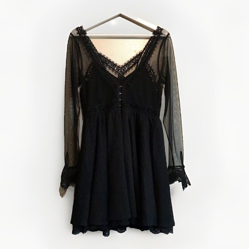 Free People Victorian Black Lace Goth Sheer Mesh Mini Dress Size 10 New - Picture 6 of 12