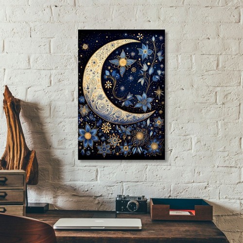 Crescent Moon Floral Canvas Wall Art Blue Gold Stars - Picture 24 of 46