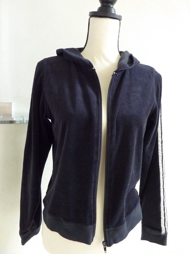 $90 Eyeshadow Zipped Front Hoodie Sleeve stripes Black Velour SZ Large 12 14 - Picture 8 of 10