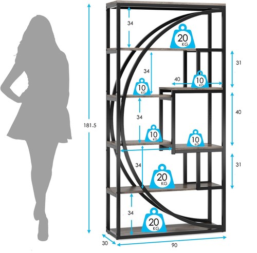 8-Tiers Bookcase Display Shelf Storage Organizer Geometric Bookcase, Industrial - Picture 3 of 7