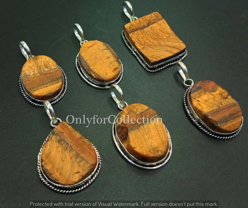 Lote de colgantes boho hechos a mano con piedras preciosas étnicas ojo de tigre enchapados en plata de ley 925 Foto 2 de 2