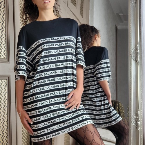 Balmain Paris Striped Logo Stretchy Tshirt Top Dress Jersey WAS £456 36 UK 8 SML - Picture 2 of 23