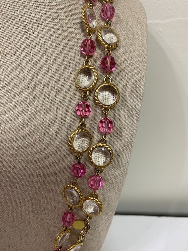 RARA COLLANA VINTAGE WILLIAM DELILLO VETRO ROSA E TRASPARENTE 48"" - Foto 7 di 9