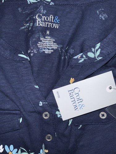 Croft & Barrow Women's Size MP Short Cuffed Sleeve V-Neck Henley Top Navy Floral - Picture 8 of 9