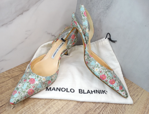 AUTH Manolo Blahnik Carolyne Slingback Metallic Floral Brocade Kitten Heels 36.5 - Picture 2 of 24