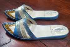 Vintage 1960's 1970's Handmade Women's Greek Slip-on Blue White Leather Shoes