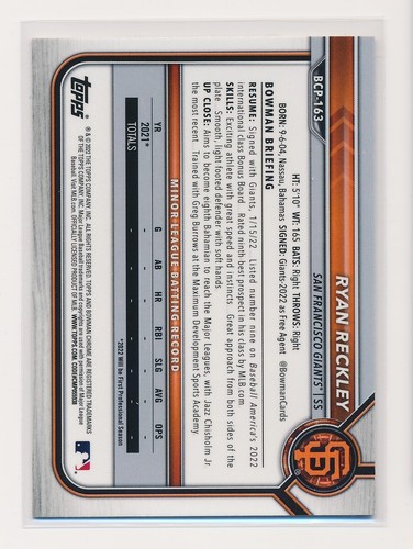 2022 Bowman Chrome Mega Mojo Refractor BCP-163 Ryan Reckley San Francisco Giants - Picture 2 of 2