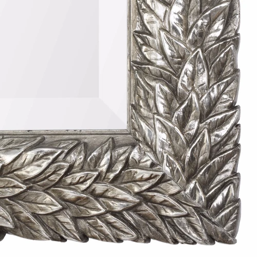 EVELINA 35" EMBOSSED LEAF BEVELED WALL VANITY MIRROR AGED BURNISHED SILVER 09359 - Picture 2 of 4