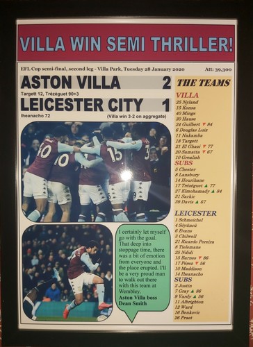 Aston Villa 2 Leicester City 1 - semifinal de la Copa EFL 2020 - impresión enmarcada - Imagen 1 de 2