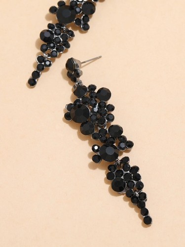 Womens Beautiful Long Black Rhinestone Silver Dangle Drop Decor Earrings Party - Picture 4 of 4