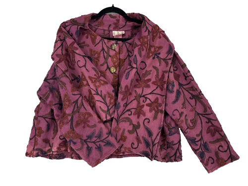URU Womens Long Sleeve Floral Purple Scarf One Size Wool Button Up 3D Jacket - Picture 2 of 14