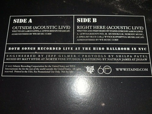 RARE Staind Live The Hiro Ballroom Outside Aaron Lewis Acoustic 45 7" MINT Vinyl - Picture 3 of 5
