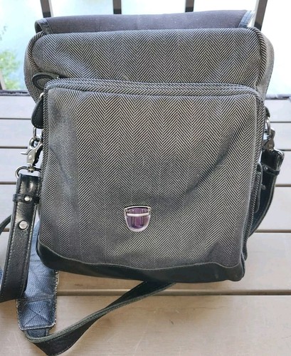 Vintage LL Bean Black Leather & Herringbone Crossbody Messenger Bag Satchel Tote - Picture 4 of 15