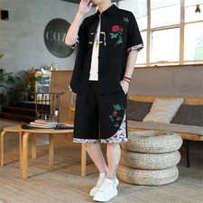 Men Summer Outfit 2-Piece Set Short Sleeve Shirt and Shorts Sweatsuit Set