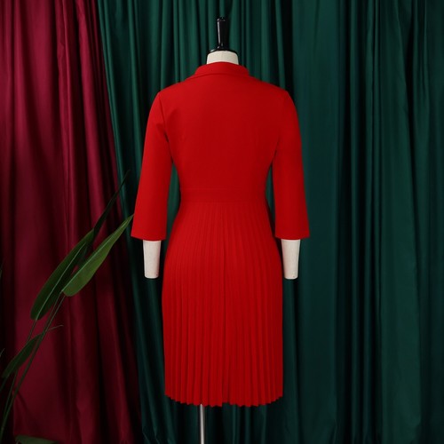 Vestido midi plisado con cuello en V y botones abertura frontal bolsillos oficina negocios trabajo - Imagen 9 de 60