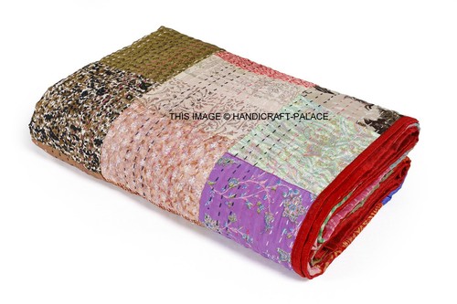 Indio Patchwork Kantha Colcha Doble Seda Múltiple Bohemio Manta Ropa de Cama - Imagen 3 de 3