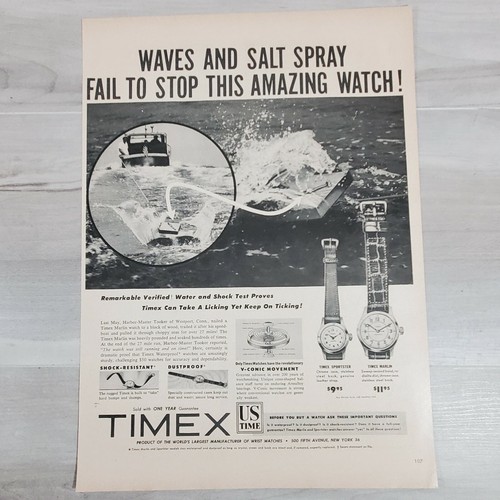 1953 Timex Watches Print Ad Advertising Epherma Waves Salt Spray Can't Stop it - Imagen 2 de 12