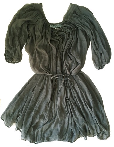 MORGAN LE FAY Silk Chiffon Dress Grey Smoke Drawstring Tie Neck Self Belt OS - Picture 4 of 7
