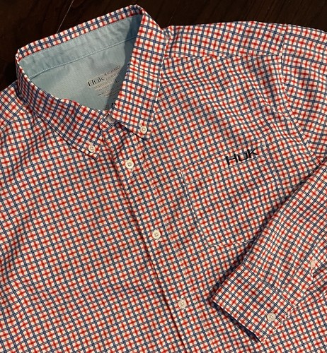 Huk Shirt Men Lg Red Blue White Plaid Long Sleeve Button Lightweight Performance