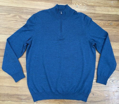 HUGO BOSS 1/4 ZIP BLUE SWEATER EXTRAFINE MERINO WOOL MADE IN TURKEY SLIM FIT XXL - Picture 2 of 13
