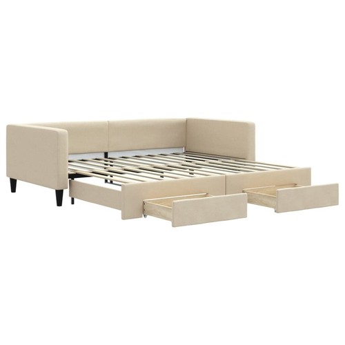 Tagesbett Ausziehbar mit Schubladen Creme 100x200 cm Stoff - Bild 2 von 11