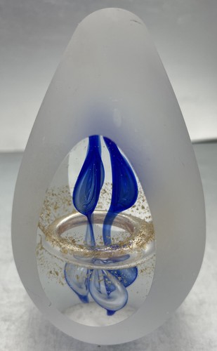 4" eiförmiger mattierter Rand klare Aussicht blau & gold Briefbeschwerer Murano-Stil - Bild 5 von 8