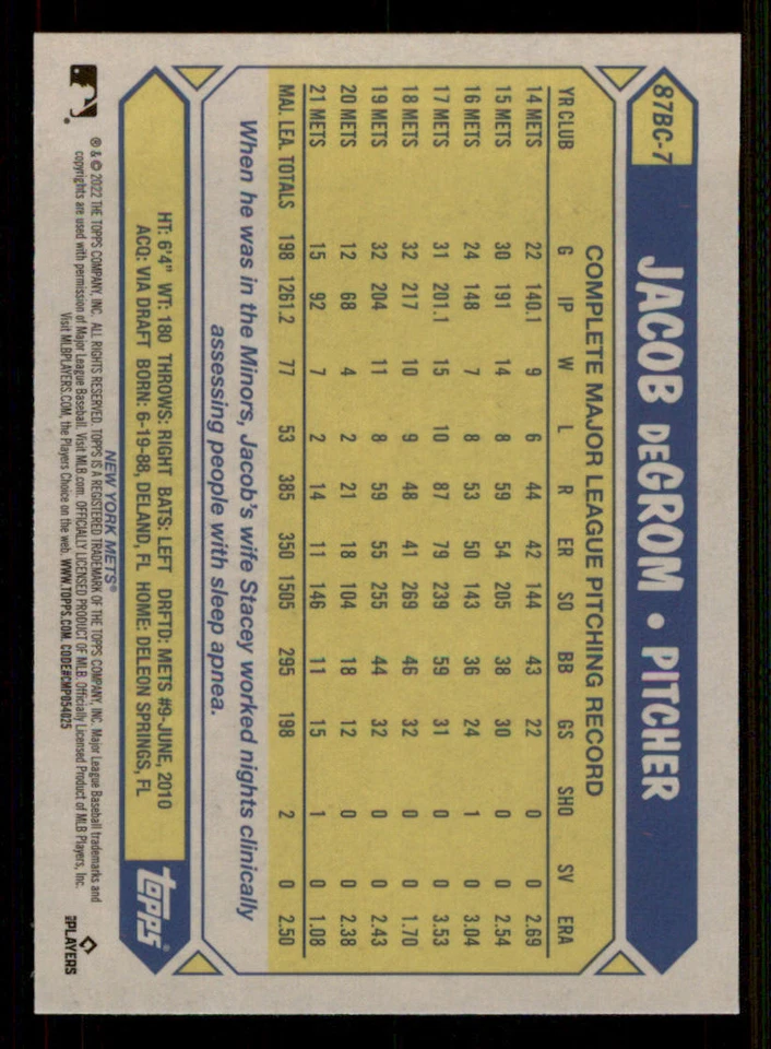 2022 Topps Chrome '87 Topps #87BC7 Jacob deGrom - Image 2 of 2